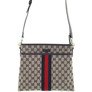 Gucci GG Monogram Brown Web Flat Messenger Bag red green web